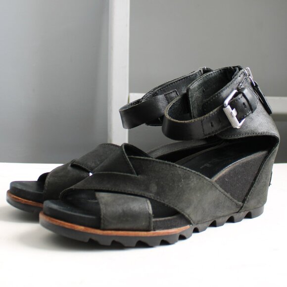 Sorel Women's Black Leather Joanie II Wedges Sandals Heels Size 9.5 - Picture 2 of 7